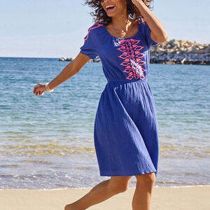 NWT Talbots Dress Blue Crinkle Gauze Puff Sleeve Square Neck Embroidered Sz. L